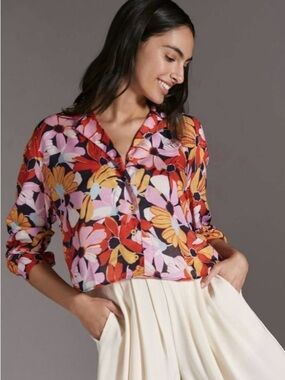 Anthropologie Maeve Floral Cropped Button-Down Shirt